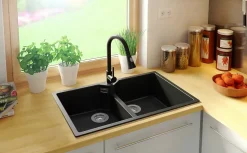 PRIMAGRAN Evier Cuisine en Granit Graphite 78x50cm, Lavabo 2 bacs + Kit de Vidage, Évier à Encastrer au meuble 80cm - Madrid Twin