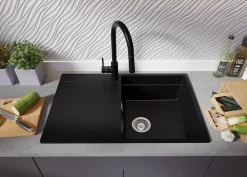 PRIMAGRAN Evier Cuisine en Granit Noir 78x50cm, Lavabo 1 bac + Kit de Vidage + Accessoires, Évier à Encastrer au meuble 50cm