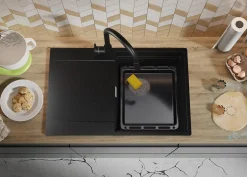 PRIMAGRAN Evier Cuisine en Granit Noir 78x50cm, Lavabo 1 bac + Kit de Vidage + Accessoires, Évier à Encastrer au meuble 50cm