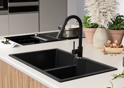 PRIMAGRAN Evier Cuisine en Granit Noir 78x50cm, Lavabo 2 bacs + Kit de Vidage + Accessoires, Évier à Encastrer au meuble 80cm