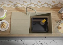 PRIMAGRAN Evier Cuisine en Granit Beige 90x50cm, Lavabo 1 bac + Kit de Vidage + Accessoires, Évier à Encastrer au meuble 60cm