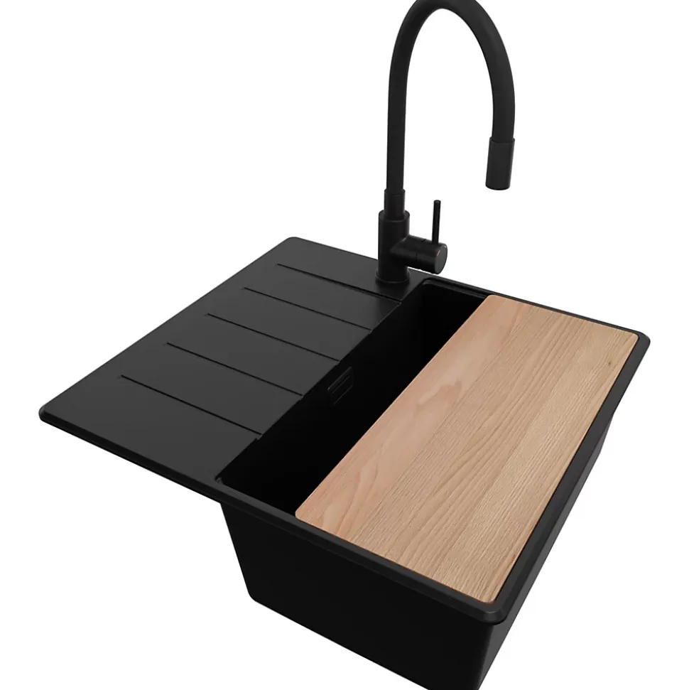 PRIMAGRAN Evier Cuisine en Granit Tout Noir 55x50cm, Lavabo 1 bac + Kit de Vidage + Accessoires, Évier à Encastrer au meuble 40cm