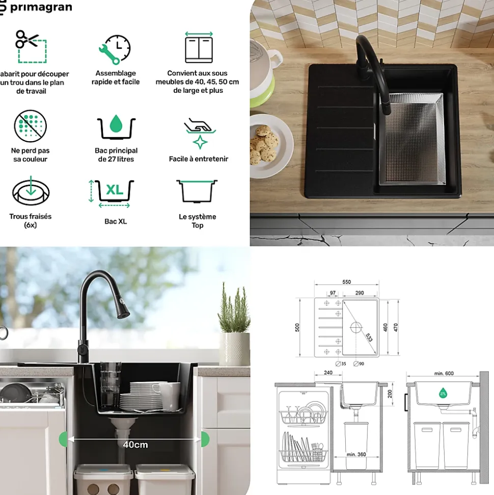 PRIMAGRAN Evier Cuisine en Granit Tout Noir 55x50cm, Lavabo 1 bac + Kit de Vidage + Accessoires, Évier à Encastrer au meuble 40cm