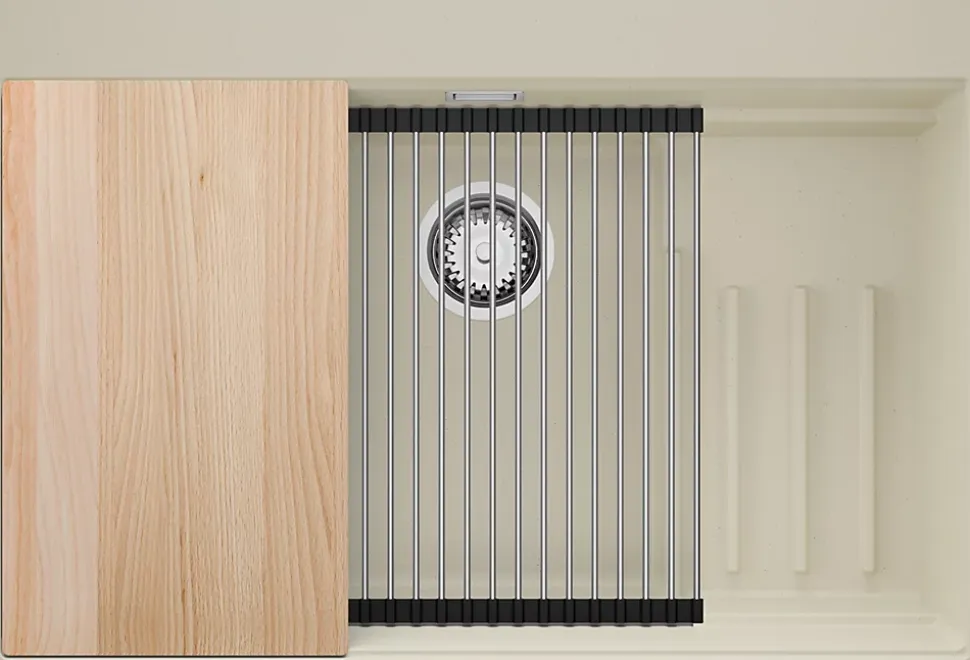 PRIMAGRAN Evier Cuisine en Granit Beige 78x53cm, Lavabo 1 bac + Kit de Vidage + Accessoires, Évier à Encastrer au meuble 80cm