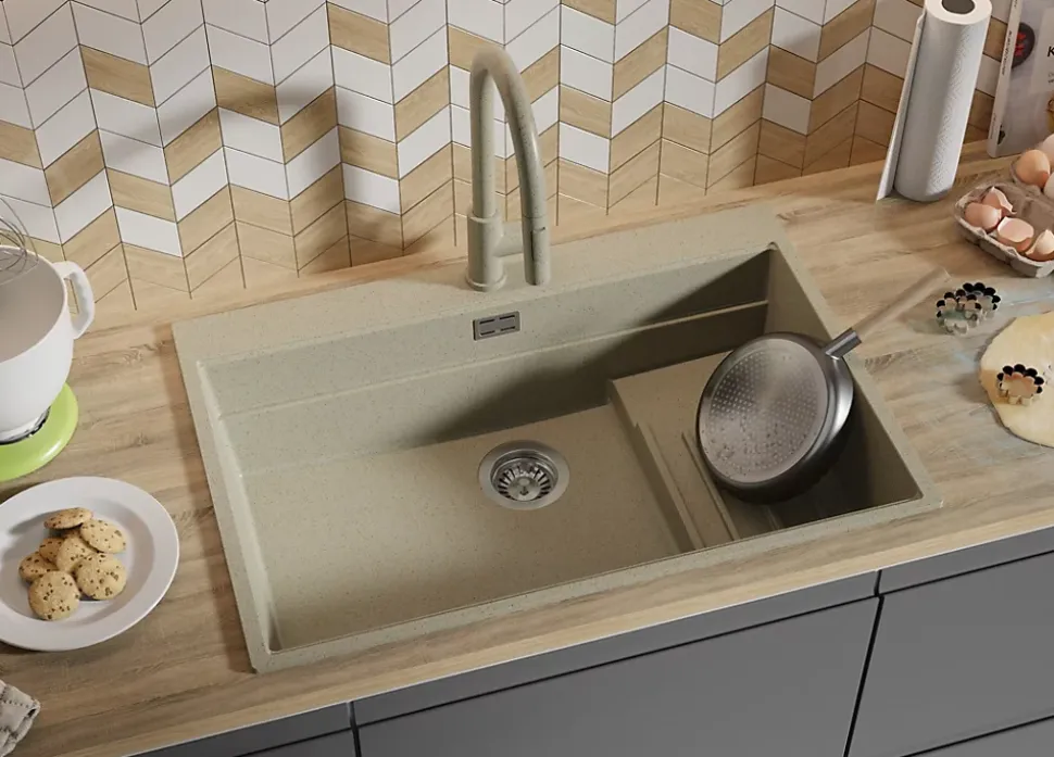 PRIMAGRAN Evier Cuisine en Granit Beige 78x53cm, Lavabo 1 bac + Kit de Vidage + Accessoires, Évier à Encastrer au meuble 80cm