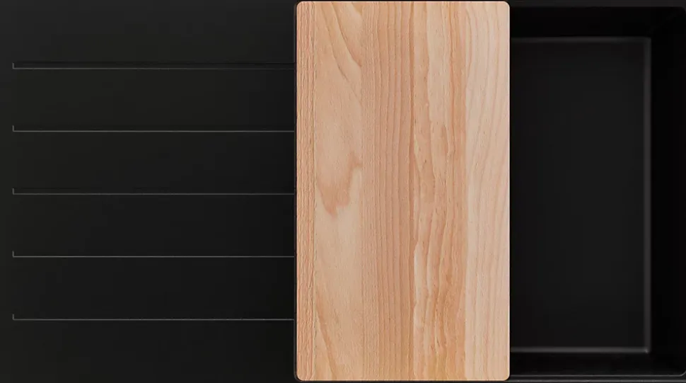 PRIMAGRAN Evier Cuisine en Granit Tout Noir 90x50cm, Lavabo 1 bac + Kit de Vidage + Accessoires, Évier à Encastrer au meuble 60cm