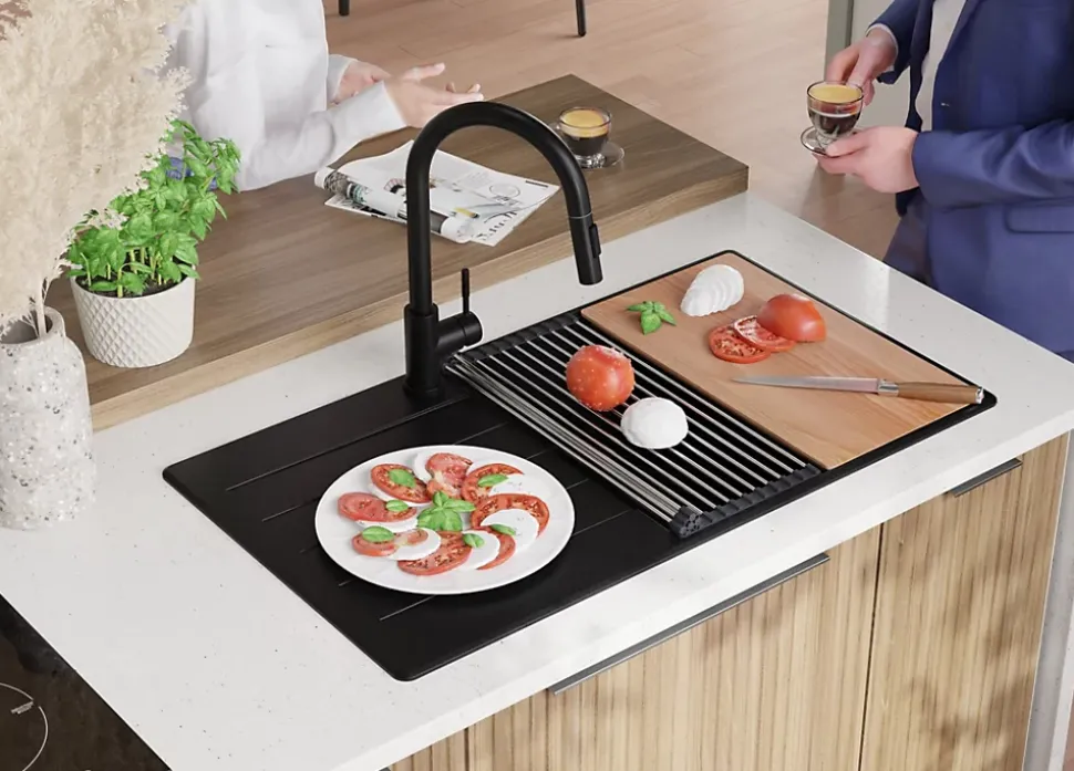 PRIMAGRAN Evier Cuisine en Granit Tout Noir 90x50cm, Lavabo 1 bac + Kit de Vidage + Accessoires, Évier à Encastrer au meuble 60cm