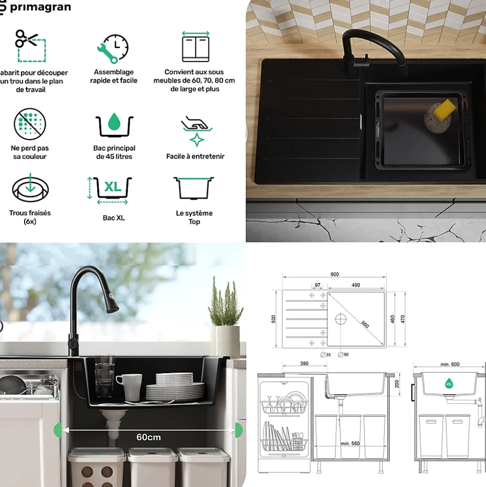 PRIMAGRAN Evier Cuisine en Granit Tout Noir 90x50cm, Lavabo 1 bac + Kit de Vidage + Accessoires, Évier à Encastrer au meuble 60cm