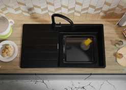 PRIMAGRAN Evier Cuisine en Granit Tout Noir 90x50cm, Lavabo 1 bac + Kit de Vidage + Accessoires, Évier à Encastrer au meuble 60cm