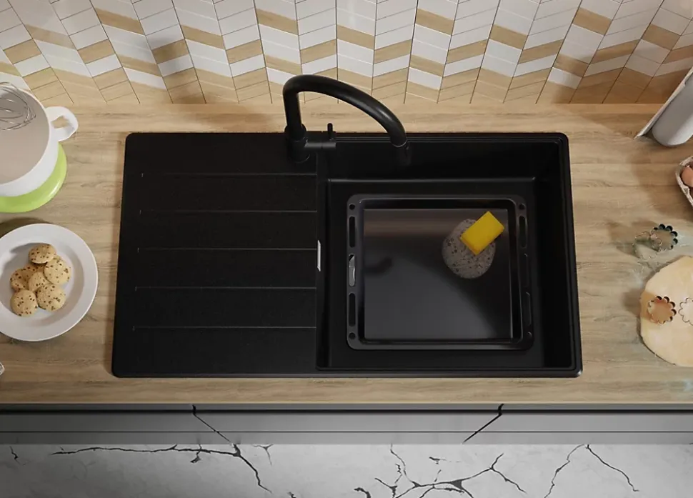 PRIMAGRAN Evier Cuisine en Granit Tout Noir 90x50cm, Lavabo 1 bac + Kit de Vidage + Accessoires, Évier à Encastrer au meuble 60cm