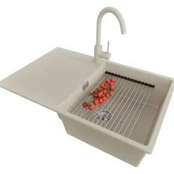 PRIMAGRAN Evier Cuisine en Granit Beige 78x50cm, Lavabo 1 bac + Kit de Vidage + Accessoires, Évier à Encastrer au meuble 50cm