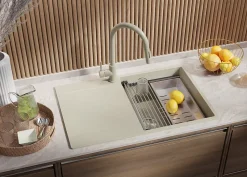 PRIMAGRAN Evier Cuisine en Granit Beige 78x50cm, Lavabo 1 bac + Kit de Vidage + Accessoires, Évier à Encastrer au meuble 50cm