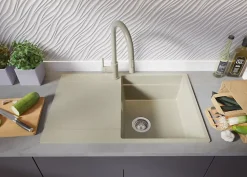 PRIMAGRAN Evier Cuisine en Granit Beige 78x50cm, Lavabo 1 bac + Kit de Vidage + Accessoires, Évier à Encastrer au meuble 50cm