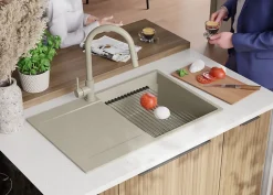 PRIMAGRAN Evier Cuisine en Granit Beige 78x50cm, Lavabo 1 bac + Kit de Vidage + Accessoires, Évier à Encastrer au meuble 50cm