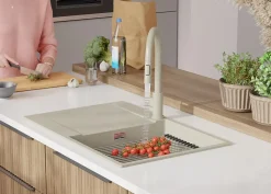 PRIMAGRAN Evier Cuisine en Granit Beige 78x50cm, Lavabo 1 bac + Kit de Vidage + Accessoires, Évier à Encastrer au meuble 50cm