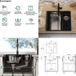 PRIMAGRAN Evier Cuisine en Granit Blanc 56x47cm, Lavabo 1,5 bacs + Kit de Vidage + Accessoires, Évier à Encastrer au meuble 60cm