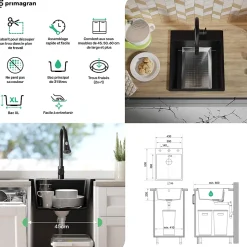 PRIMAGRAN Evier Cuisine en Granit Blanc 43x50cm, Lavabo 1 bac + Kit de Vidage, Évier à Encastrer au meuble 45cm - Riga