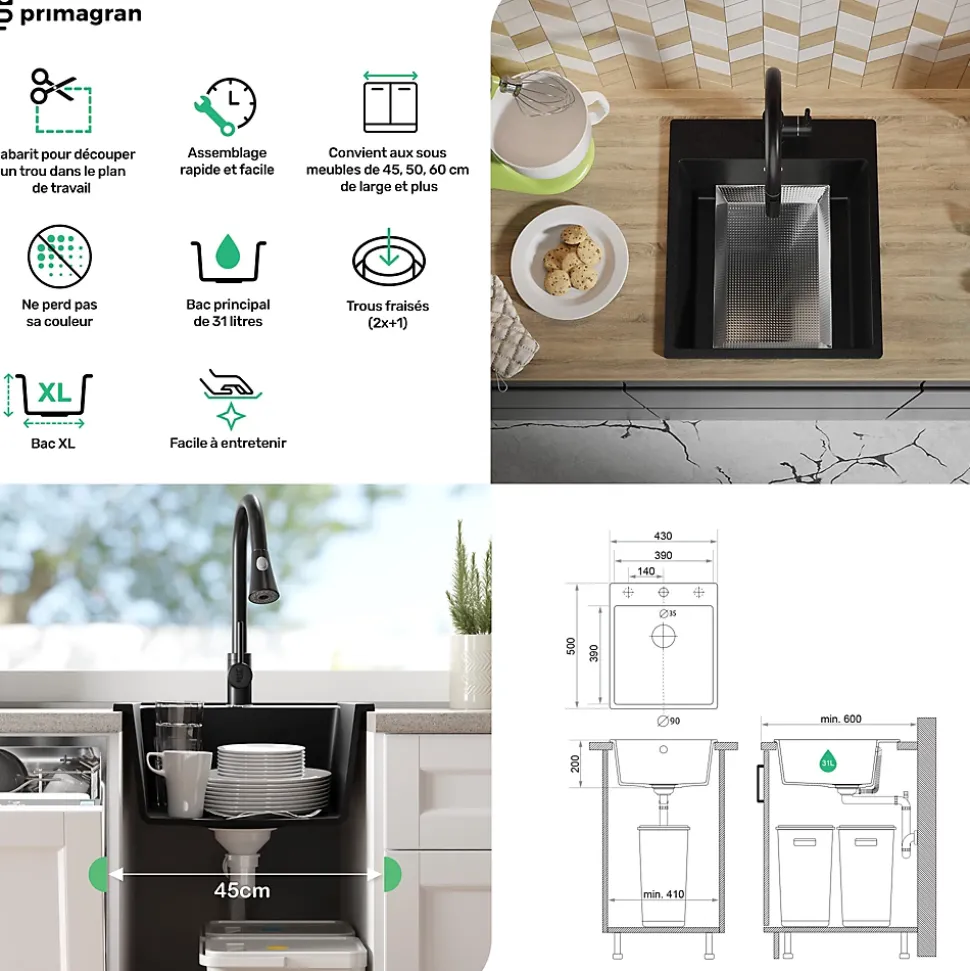 PRIMAGRAN Evier Cuisine en Granit Blanc 43x50cm, Lavabo 1 bac + Kit de Vidage, Évier à Encastrer au meuble 45cm - Riga