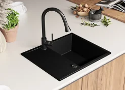 PRIMAGRAN Evier Cuisine en Granit Noir 62x50cm, Lavabo 1 bac + Kit de Vidage, Évier à Encastrer au meuble 45cm - Ibiza