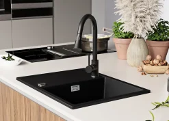 PRIMAGRAN Evier Cuisine en Granit Noir 62x50cm, Lavabo 1 bac + Kit de Vidage, Évier à Encastrer au meuble 45cm - Ibiza
