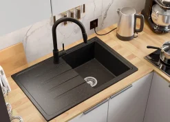 PRIMAGRAN Evier Cuisine en Granit Noir Métallisé 78x50cm, Lavabo 1 bac + Kit de Vidage, Évier à Encastrer au meuble 45cm - Milan