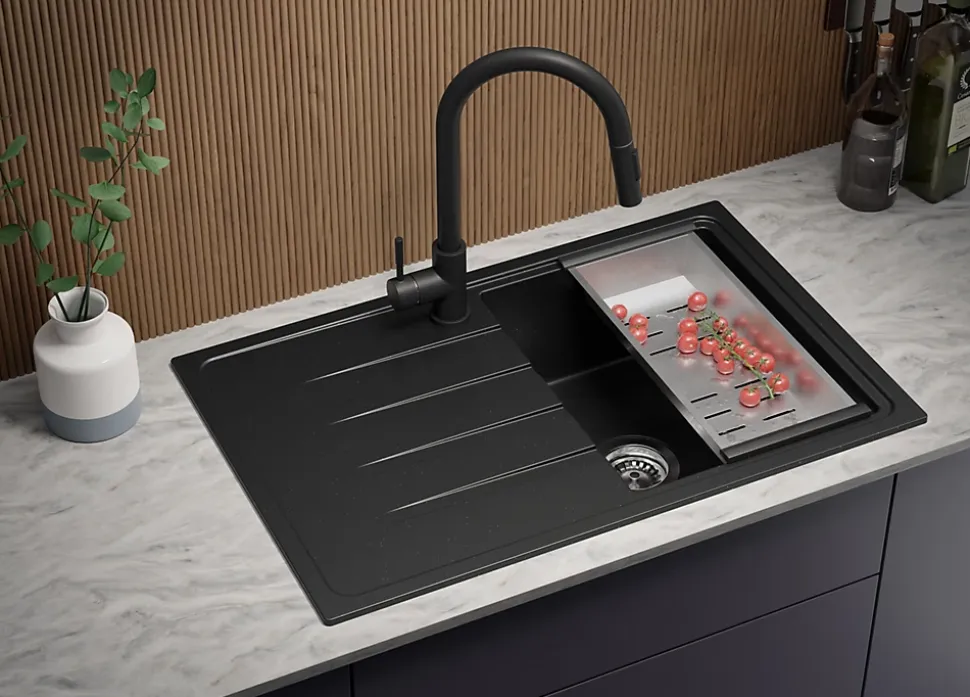 PRIMAGRAN Evier Cuisine en Granit Noir Métallisé 78x50cm, Lavabo 1 bac + Kit de Vidage, Évier à Encastrer au meuble 45cm - Milan