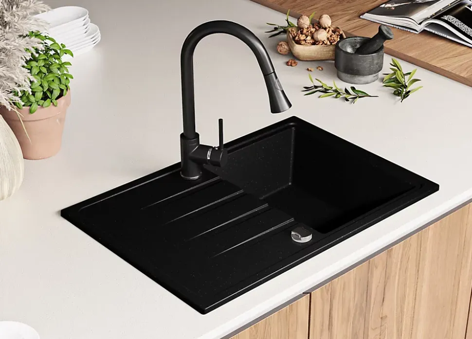 PRIMAGRAN Evier Cuisine en Granit Noir Métallisé 78x50cm, Lavabo 1 bac + Kit de Vidage, Évier à Encastrer au meuble 45cm - Milan