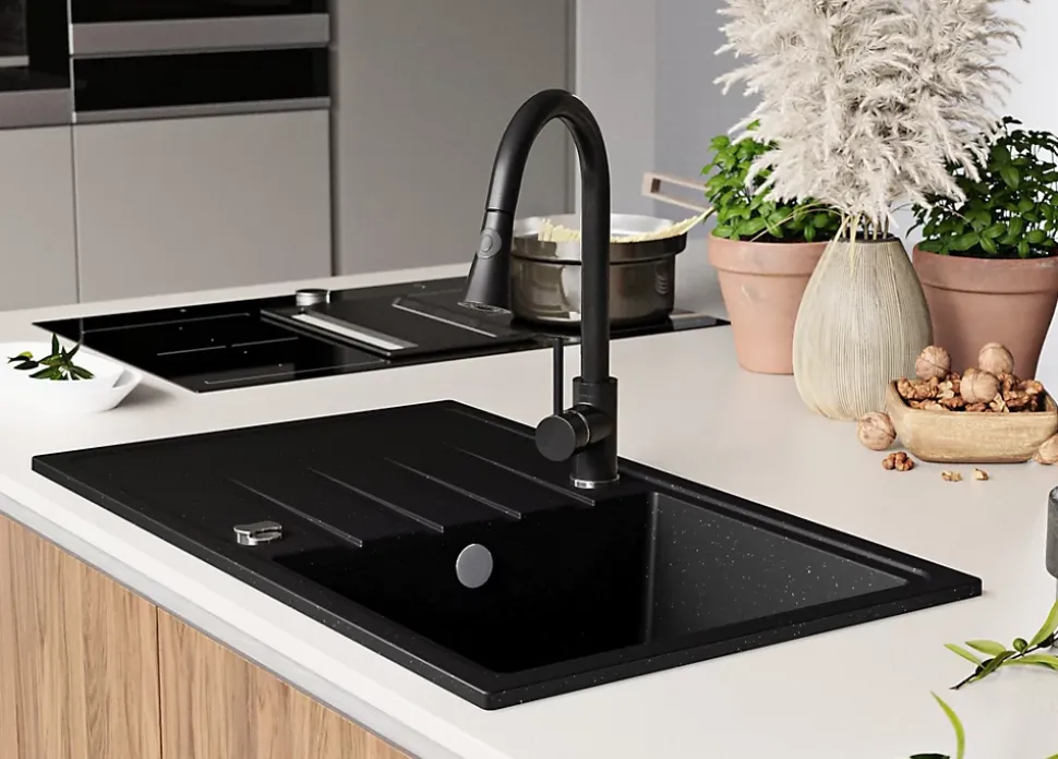 PRIMAGRAN Evier Cuisine en Granit Noir Métallisé 78x50cm, Lavabo 1 bac + Kit de Vidage, Évier à Encastrer au meuble 45cm - Milan