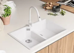 PRIMAGRAN Evier Cuisine en Granit Tout Blanc 78x50cm, Lavabo 2 bacs + Accessoires, Évier à Encastrer au meuble 80cm