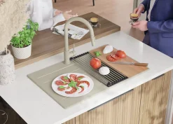 PRIMAGRAN Evier Cuisine en Granit Beige 78x50cm, Lavabo 1 bac + Kit de Vidage + Accessoires, Évier à Encastrer au meuble 50cm