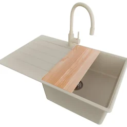PRIMAGRAN Evier Cuisine en Granit Beige 78x50cm, Lavabo 1 bac + Kit de Vidage + Accessoires, Évier à Encastrer au meuble 50cm
