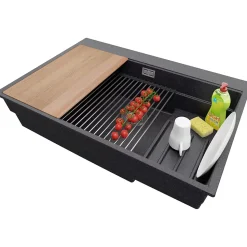 PRIMAGRAN Evier Cuisine en Granit Graphite 78x53cm, Lavabo 1 bac + Kit de Vidage + Accessoires, Évier à Encastrer au meuble 80cm