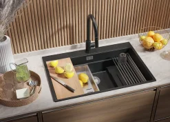 PRIMAGRAN Evier Cuisine en Granit Graphite 78x53cm, Lavabo 1 bac + Kit de Vidage + Accessoires, Évier à Encastrer au meuble 80cm