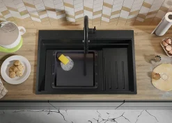 PRIMAGRAN Evier Cuisine en Granit Graphite 78x53cm, Lavabo 1 bac + Kit de Vidage + Accessoires, Évier à Encastrer au meuble 80cm