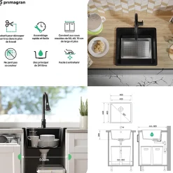 PRIMAGRAN Evier Cuisine en Granit Tout Blanc 46x44cm, Lavabo 1 bac + Accessoires, Évier à Encastrer au meuble 50cm