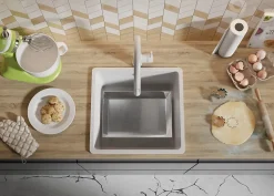 PRIMAGRAN Evier Cuisine en Granit Tout Blanc 46x44cm, Lavabo 1 bac + Accessoires, Évier à Encastrer au meuble 50cm