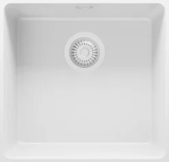 PRIMAGRAN Evier Cuisine en Granit Tout Blanc 46x44cm, Lavabo 1 bac + Accessoires, Évier à Encastrer au meuble 50cm