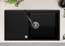 PRIMAGRAN Evier Cuisine en Granit Noir 90x50cm, Lavabo 1 bac + Kit de Vidage, Évier à Encastrer au meuble 60cm - Ibiza