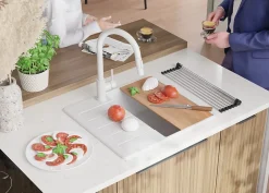 PRIMAGRAN Evier Cuisine en Granit Blanc 55x50cm, Lavabo 1 bac + Kit de Vidage + Accessoires, Évier à Encastrer au meuble 40cm