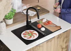 PRIMAGRAN Evier Cuisine en Granit Noir 78x50cm, Lavabo 1 bac + Kit de Vidage + Accessoires, Évier à Encastrer au meuble 50cm