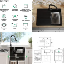 PRIMAGRAN Evier Cuisine en Granit Noir 78x50cm, Lavabo 1 bac + Kit de Vidage + Accessoires, Évier à Encastrer au meuble 50cm