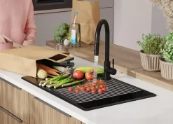 PRIMAGRAN Evier Cuisine en Granit Noir 78x50cm, Lavabo 1 bac + Kit de Vidage + Accessoires, Évier à Encastrer au meuble 50cm