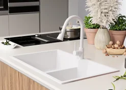 PRIMAGRAN Evier Cuisine en Granit Blanc 78x50cm, Lavabo 2 bacs + Kit de Vidage, Évier à Encastrer au meuble 80cm - Madrid Twin
