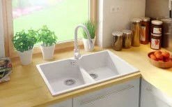 PRIMAGRAN Evier Cuisine en Granit Blanc 78x50cm, Lavabo 2 bacs + Kit de Vidage, Évier à Encastrer au meuble 80cm - Madrid Twin