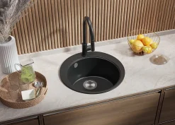 PRIMAGRAN Evier cuisine Granit Rond Graphite 50x50cm, Evier 1 bac + Kit de Vidage + Accessoires, Lavabo Cuisine au meuble 45cm