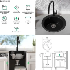 PRIMAGRAN Evier cuisine Granit Rond Graphite 50x50cm, Evier 1 bac + Kit de Vidage + Accessoires, Lavabo Cuisine au meuble 45cm