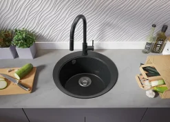 PRIMAGRAN Evier cuisine Granit Rond Graphite 50x50cm, Evier 1 bac + Kit de Vidage + Accessoires, Lavabo Cuisine au meuble 45cm