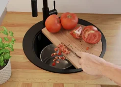 PRIMAGRAN Evier cuisine Granit Rond Noir 50x50cm, Evier 1 bac + Kit de Vidage + Accessoires, Lavabo Cuisine au meuble 45cm - Pise