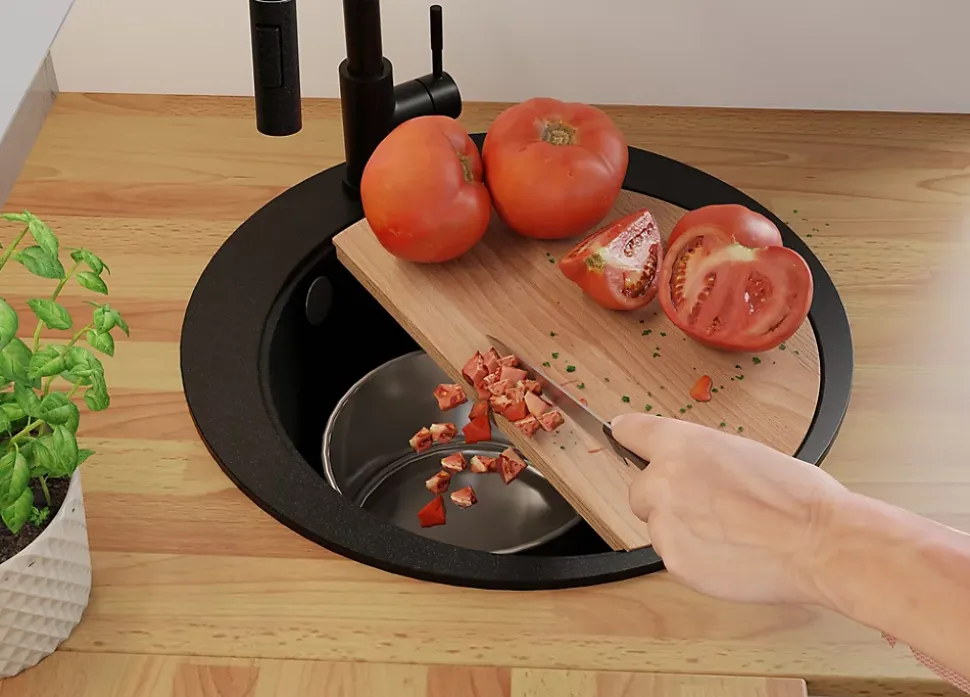 PRIMAGRAN Evier cuisine Granit Rond Noir 50x50cm, Evier 1 bac + Kit de Vidage + Accessoires, Lavabo Cuisine au meuble 45cm - Pise