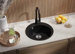 PRIMAGRAN Evier cuisine Granit Rond Noir 50x50cm, Evier 1 bac + Kit de Vidage + Accessoires, Lavabo Cuisine au meuble 45cm - Pise